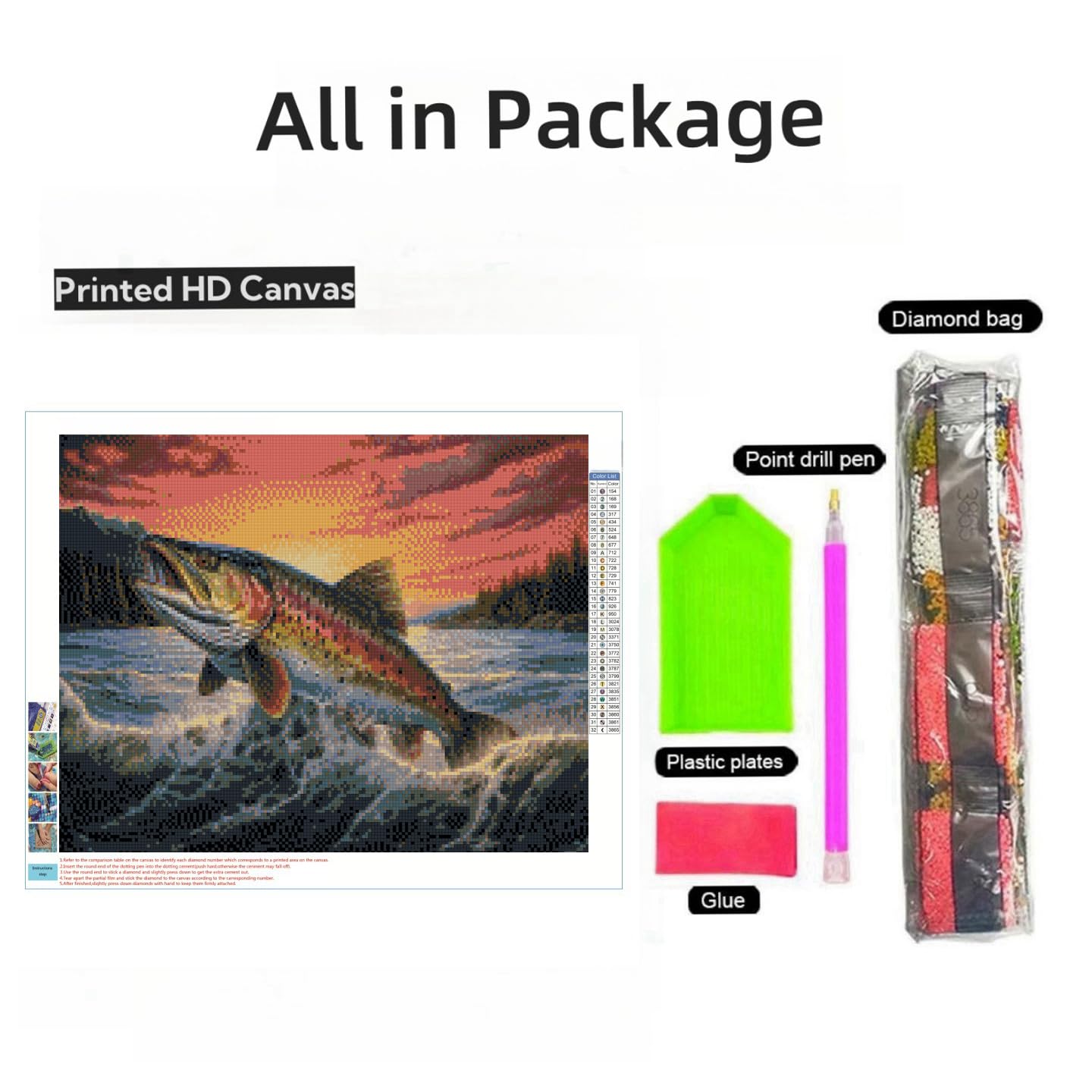 Trout Fish Jump from Water Sunset DIY 5D Diamond Art Painting by Number Kits for Adults Paint with Round Full Drill Diamond Gems Painting Art Craft for Home Wall Decor 11.8x15.8in(1)