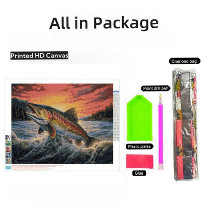 Trout Fish Jump from Water Sunset DIY 5D Diamond Art Painting by Number Kits for Adults Paint with Round Full Drill Diamond Gems Painting Art Craft for Home Wall Decor 11.8x15.8in(1)
