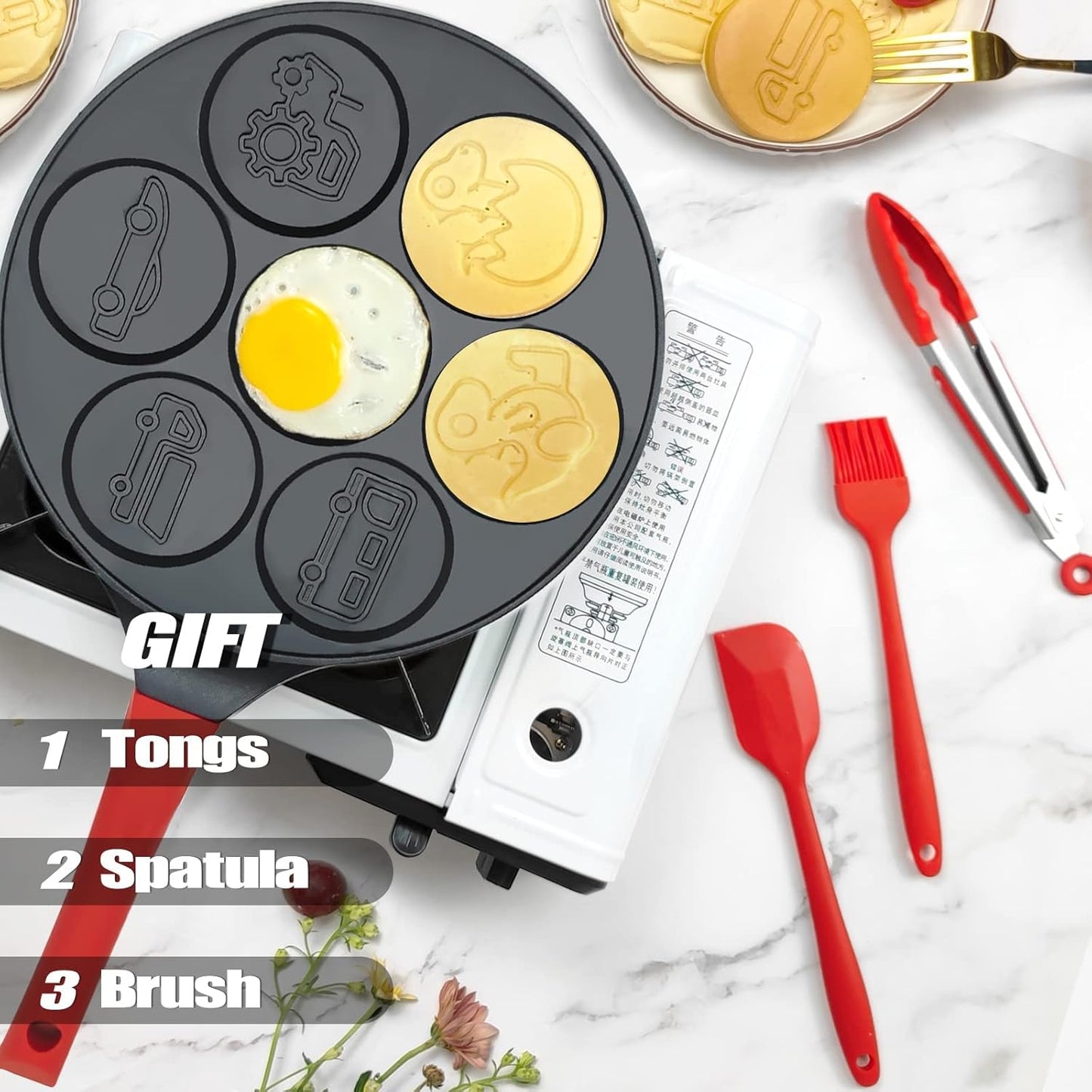 Dinosaur Egg Pan, Nonstick Omelet and Silver Dollar Pancake Maker, 7-Cups Car Truck Pancake Mold