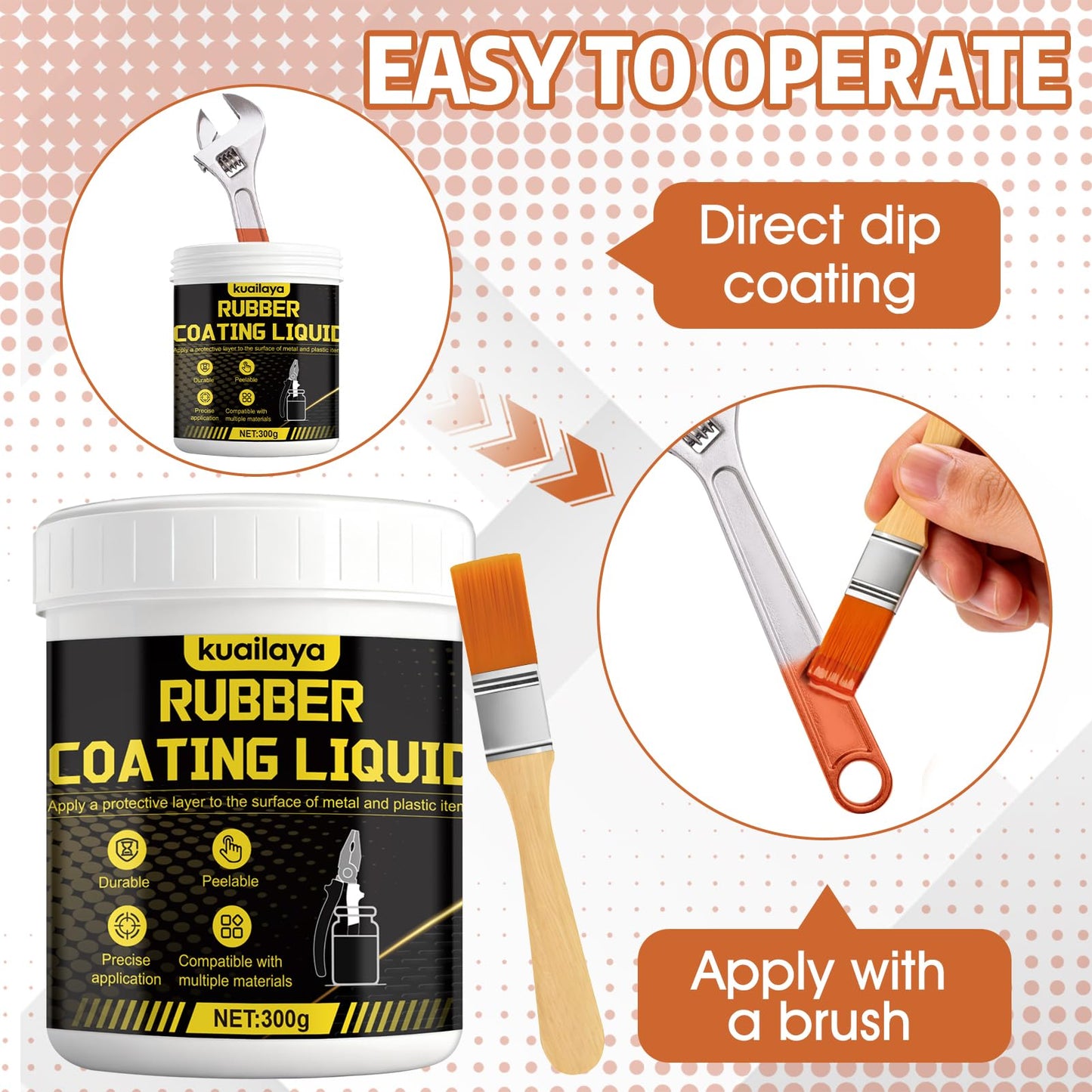 kuailaya Rubber Dip for Tools, Liquid Rubber Dip Tool Handle Dip Coating Effective Protection Slip Resistance Waterproof and Insulating Easy to Peel for Tool Protection, Creative DIY, Orange-red 300g