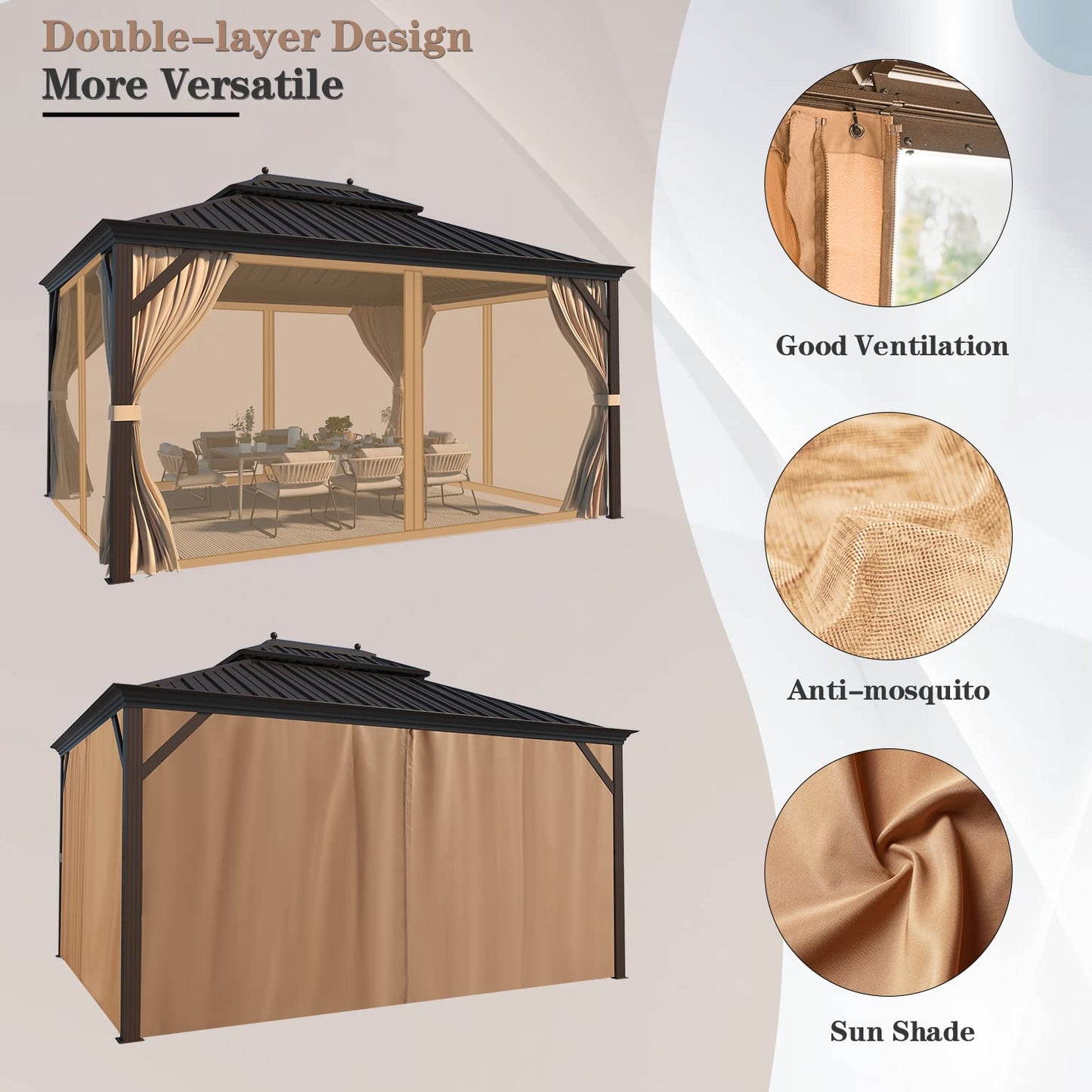 EROMMY 10' X 12' Permanent Hardtop Gazebo Aluminum Gazebos with Galvanized Steel Double Roof for Patio Lawn and Garden, Curtains and Netting Included, Dark Bronze