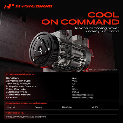 A-Premium Air Conditioner AC Compressor with Clutch Compatible with Hyundai Sonata 3.3L 2009-2010