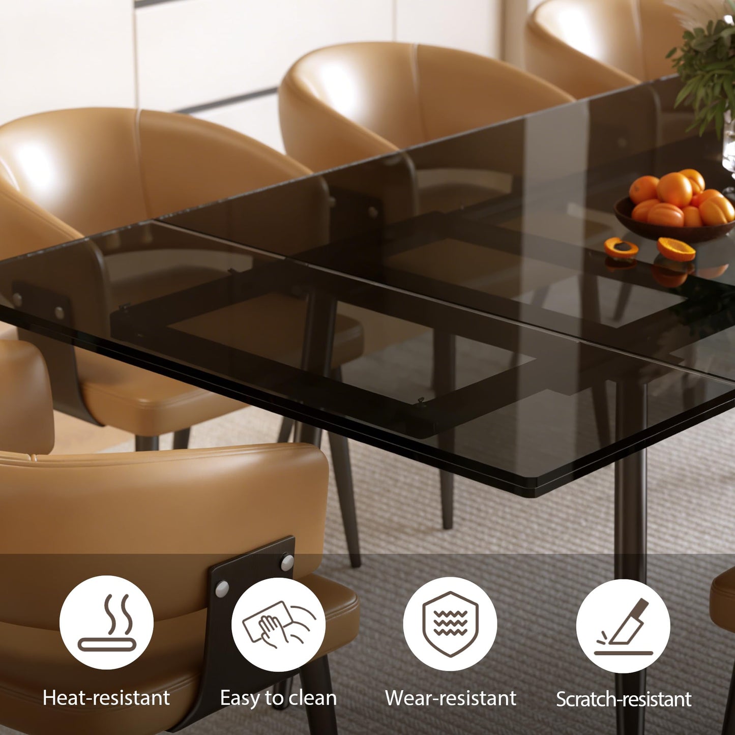 NessCarsti 62.99-94.48" Extendable Dark Tempered Glass Dining Table, Scratch-Resistant Glass Top & Metal Frame, Seats 8-10, Modern Minimalist Dining Furniture for Family & Entertaining