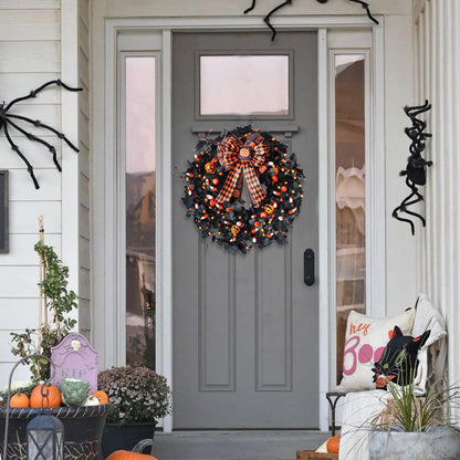 Bibelot 22inch Halloween Eucalyptus Wreaths Bow Decorative Wreaths Black Wreaths Pumpkin Decorative Party Holiday Celebration Indoor Outdoor Home Decoration