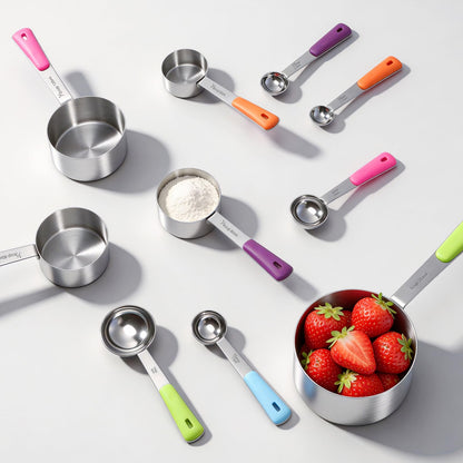 Bopei Measuring Cups and Spoons Set Stainless Steel 10 Piece for Cooking and Baking (5 Cups + 5 Spoons, Colorful Handles)