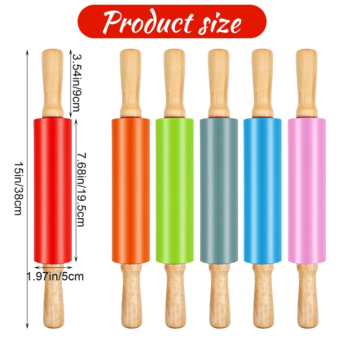 6 Pack 15 Inch Silicone Rolling Pins for Baking, Rolling Pin Non Stick with Wooden Handle, Small Rolling-Pins for Dough, Cookie, Pastry, (6 Colors)