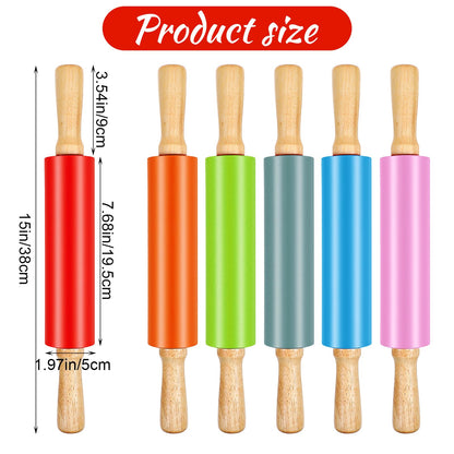6 Pack 15 Inch Silicone Rolling Pins for Baking, Rolling Pin Non Stick with Wooden Handle, Small Rolling-Pins for Dough, Cookie, Pastry, (6 Colors)