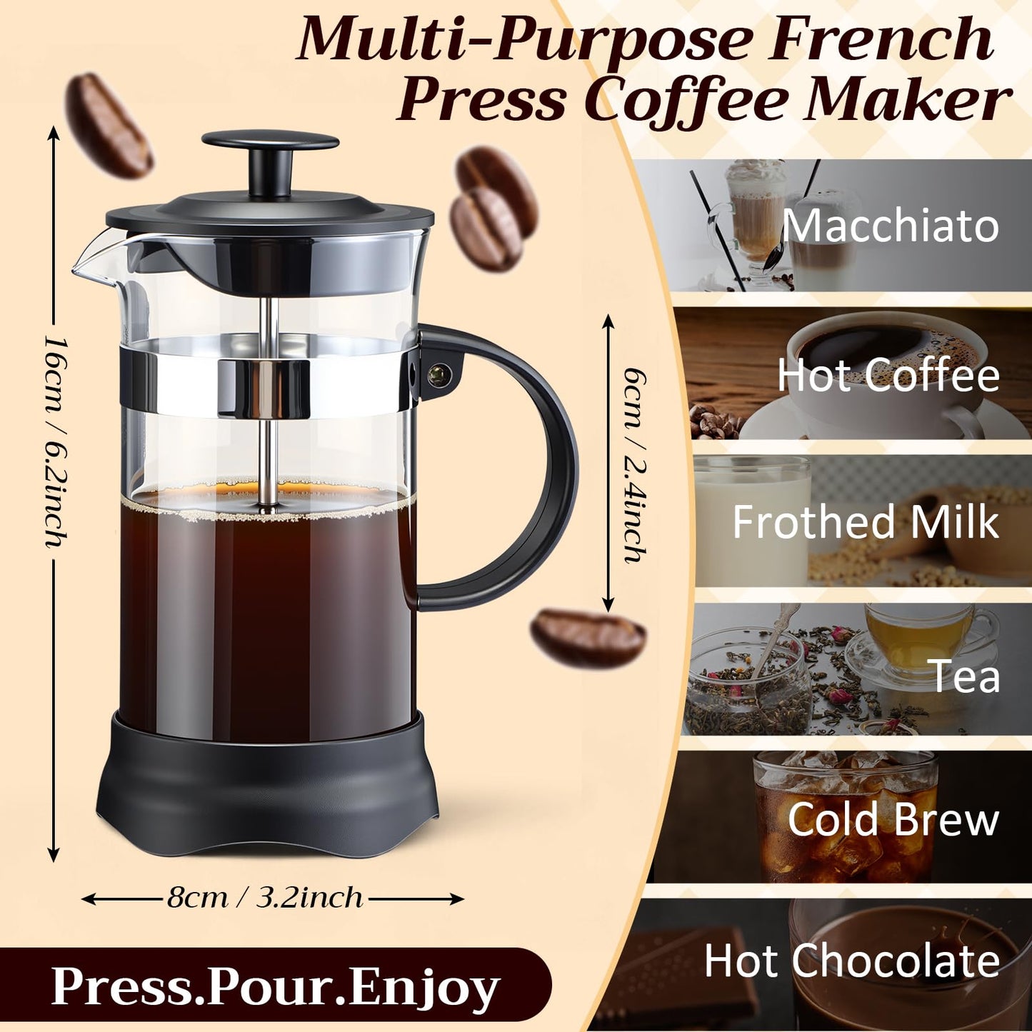 LemonRoad 4 Pack French Press Coffee Maker Borosilicate Glass Coffee Press Heat Resistant Stainless Steel Tea Maker for Travel Camping Kitchen Gifts Includes Pot Filters(12oz)