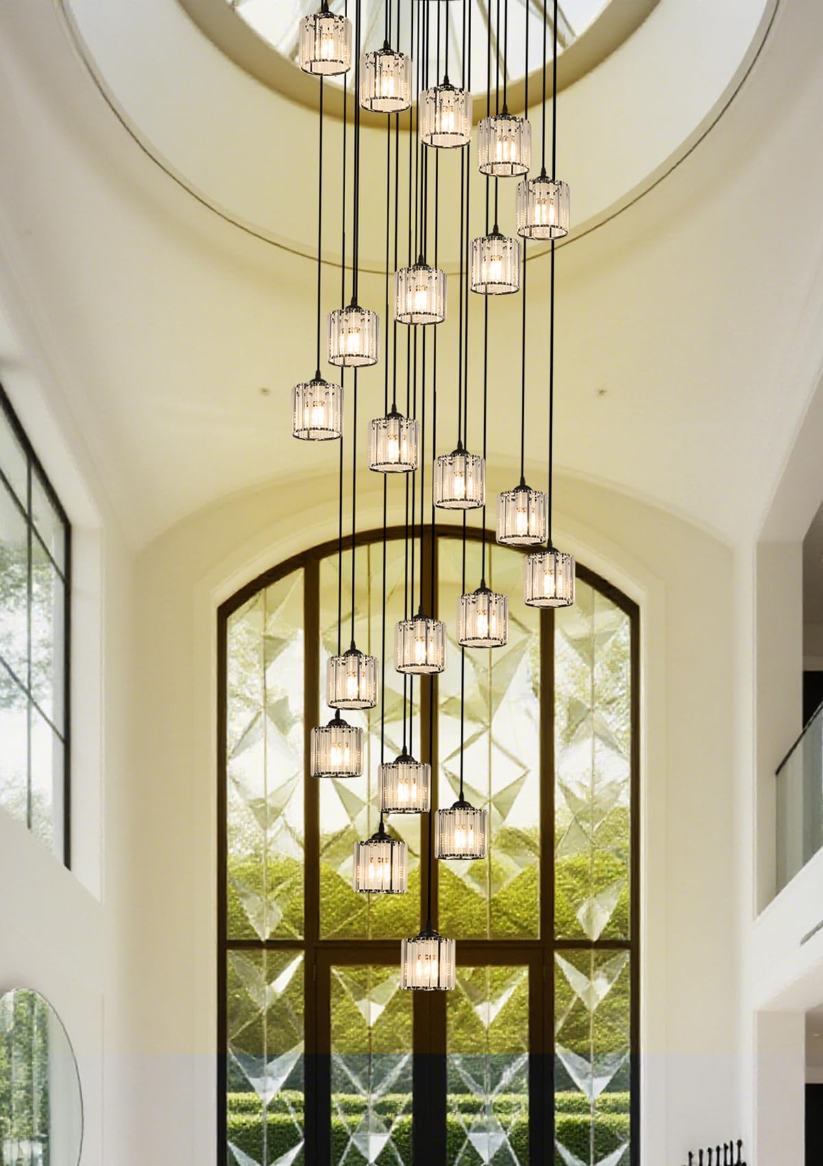 Meimond Long Chandeliers for High Ceilings,Modern Crystal Pendant Light,Raindrop Drop Lamp,Hanging Flush Mount Lighting Fixtures for Spiral Staircase,Foyer,Entryway,Living Room,Black (21 Lights)