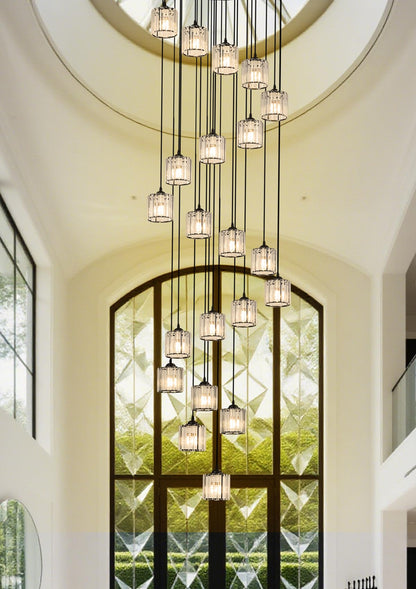 Meimond Long Chandeliers for High Ceilings,Modern Crystal Pendant Light,Raindrop Drop Lamp,Hanging Flush Mount Lighting Fixtures for Spiral Staircase,Foyer,Entryway,Living Room,Black (21 Lights)
