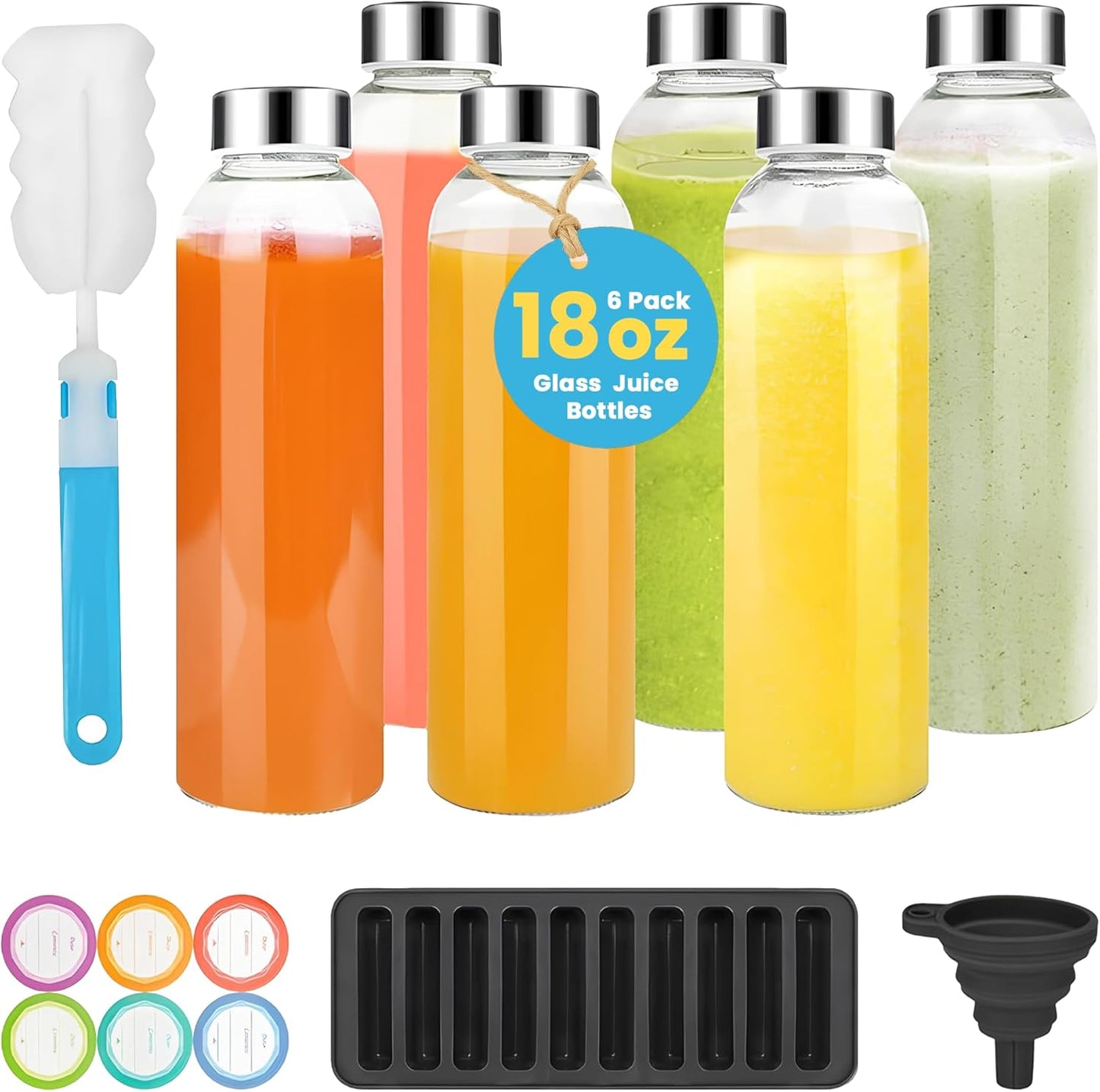 18 oz (6-Pack, PROBTTL Glass Juice Bottles with Lids Refillable Clear Glass Water Bottles with Stainless Steel Airtight