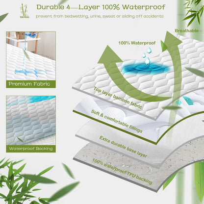 18" GRT Twin XL Mattress Protector Waterproof, Rayon from Bamboo, Cooling Quilted Fitted Mattress Pad, Noiseless