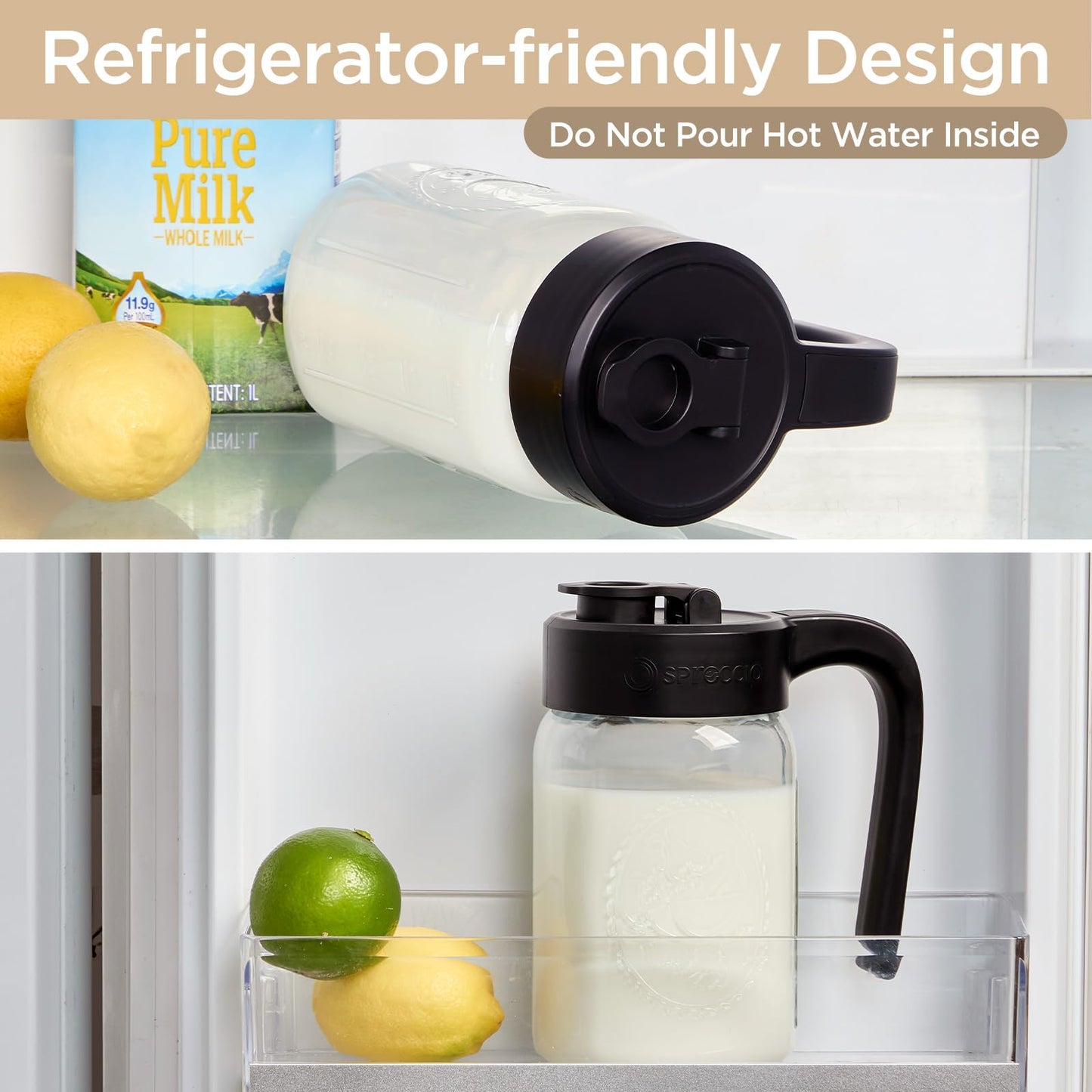 Spreccio 32 oz Glass Pitcher with Lid, 1 Quart Mason Jar Pitcher with Lid Airtight, Breast Milk Storage for Fridge, Ideal for Cold Brew Coffee, Iced Tea, Sun Tea, Juices