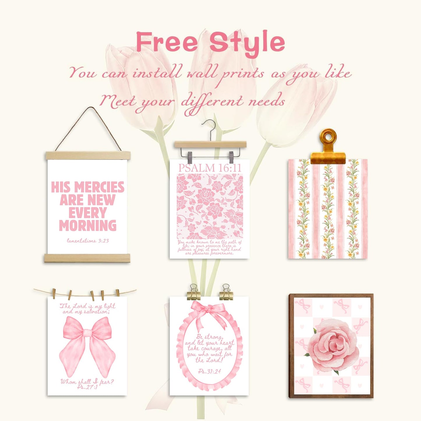 Christian Wall Art Pink Bible Verse Canvas Posters Coquette Bow Room Wall Decor Jesus Scripture Pictures Trendy Preppy Christian Floral Aesthetic Prints for Girls Bedroom 8x10xInch Set of 9 Unframed