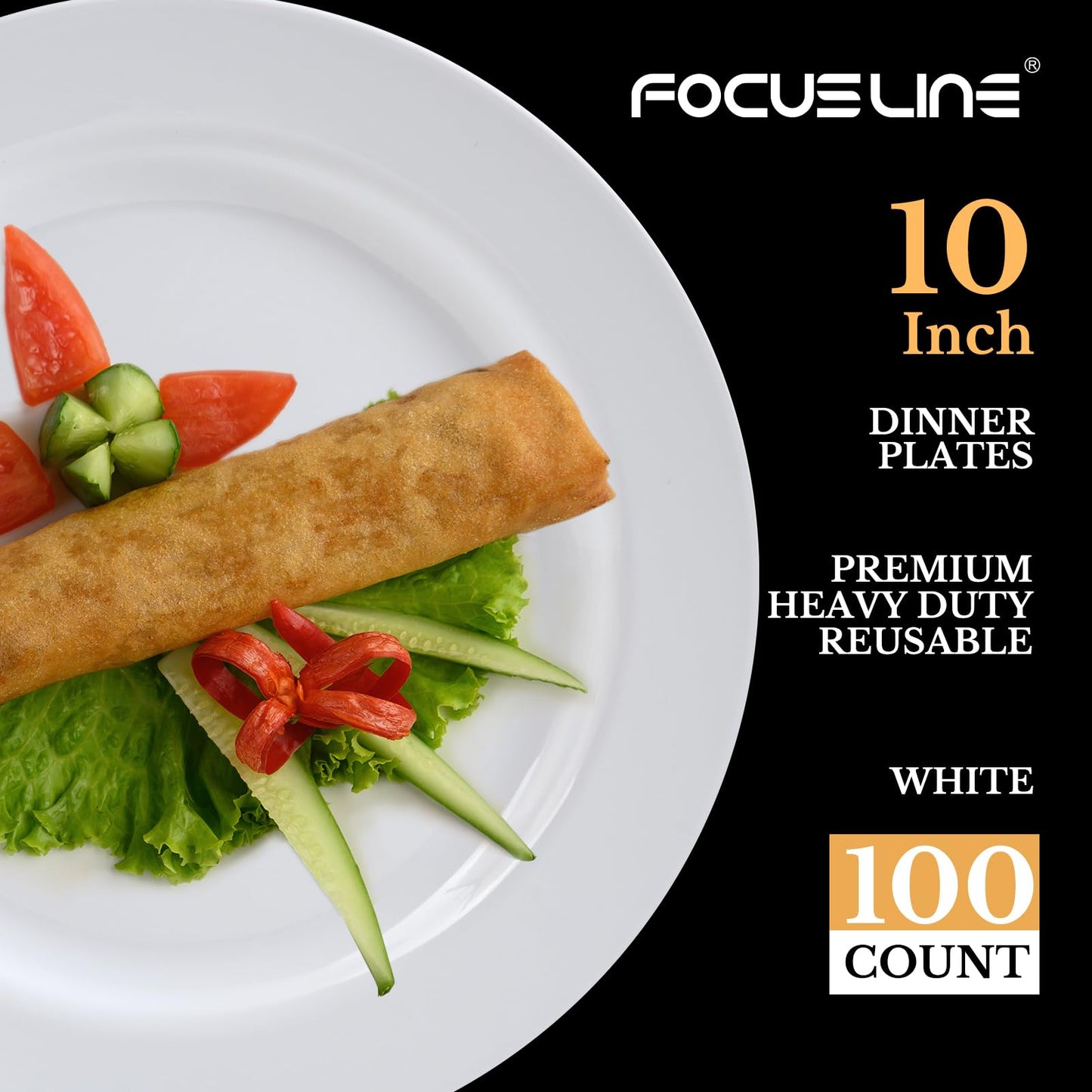 FOCUSLINE 100 Count White Plastic Plates 10 Inch, Disposable Heavy Duty Dinner Plates- Premium Hard Plastic Plates Fancy Disposable White Plates for Weddings, Parties and Events