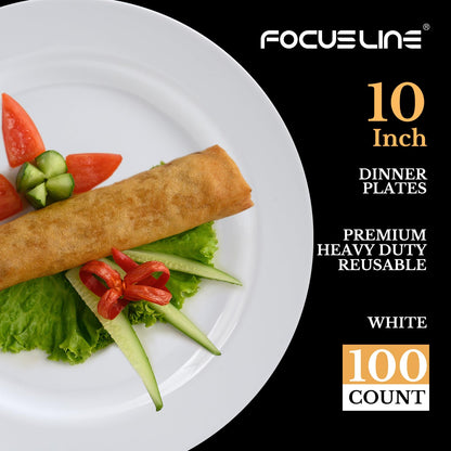 FOCUSLINE 100 Count White Plastic Plates 10 Inch, Disposable Heavy Duty Dinner Plates- Premium Hard Plastic Plates Fancy Disposable White Plates for Weddings, Parties and Events