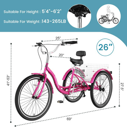 Slsy Adult Tricycle 7 Speed, 20/24/26 Inch Step-Through 3 Wheel Bike for Adults with Large Shopping Basket, 350 lb Capacity Adult Trike for Seniors, Women and Men