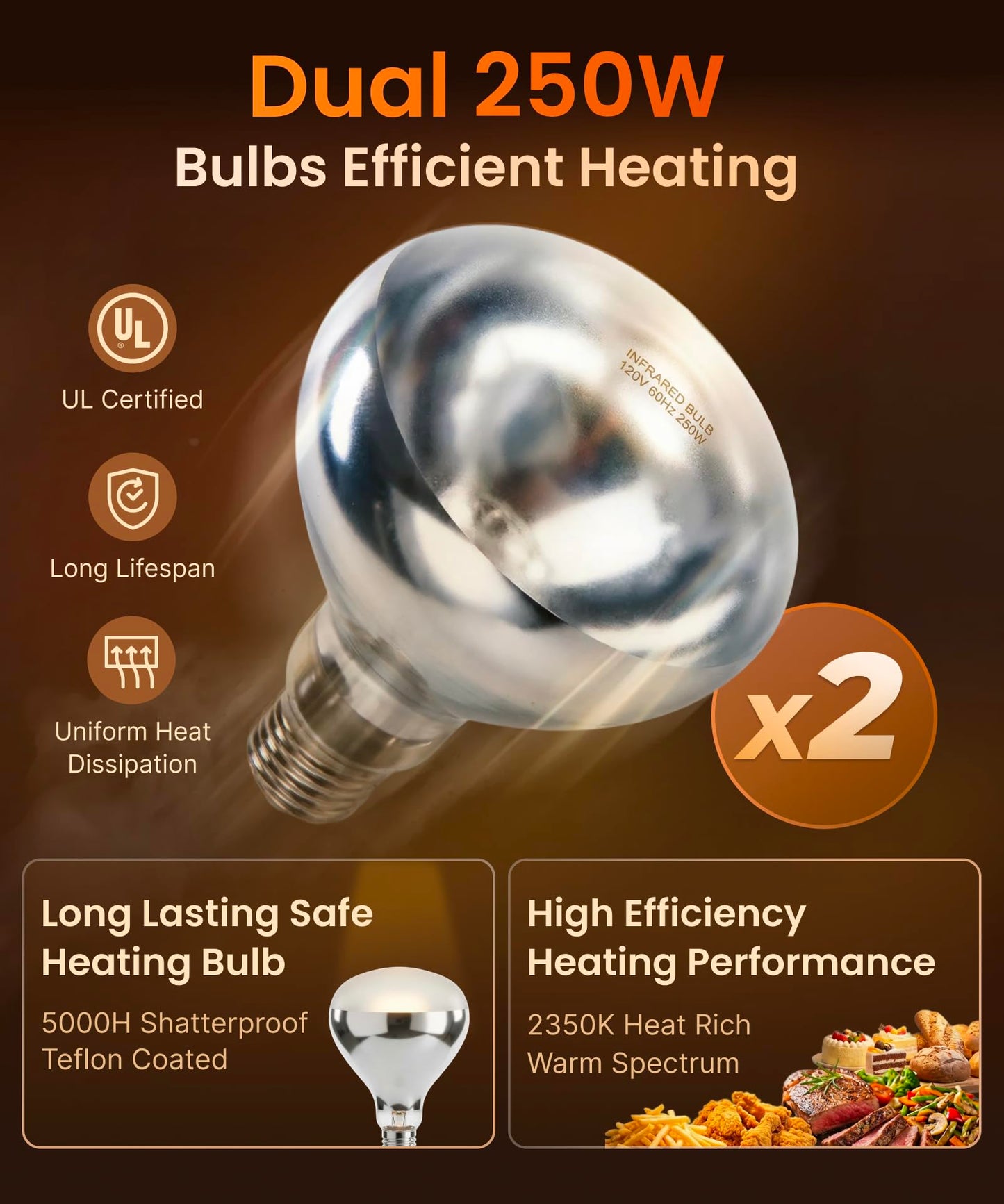 AZZO KITCHEN Heat Lamp for Food 500W Teflon-Coated Bulbs Food Heat Lamp for Fast and Even Heating Commercial Food Warmer with 5 Adjustable Height Lamp Stand for Home Restaurant Buffet Bakery Silver