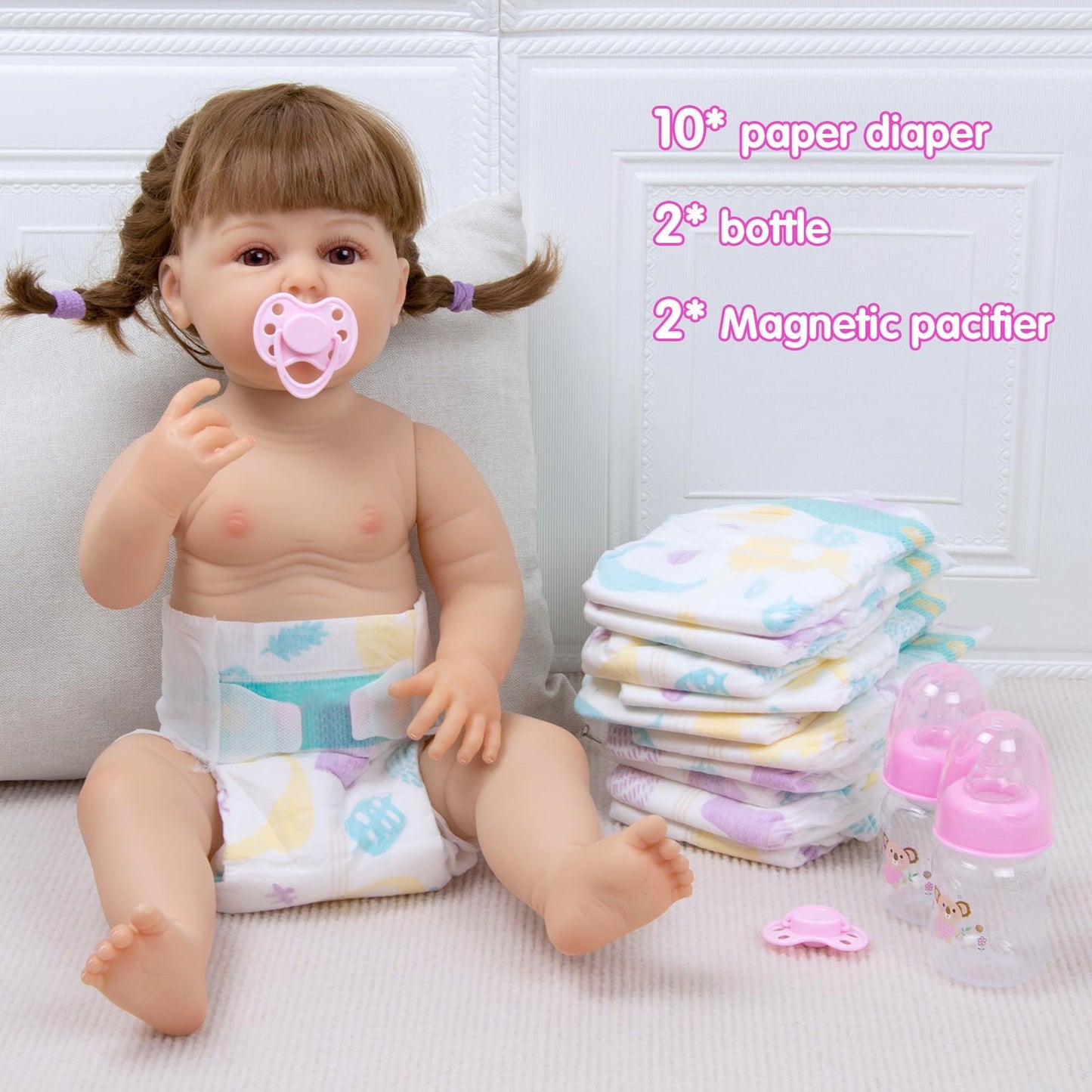 14 pcs Reborn Baby Doll Accessories with Feeding Set - Includes 10 Reborn Baby Doll Diaper , 2 Feeding Bottles and 2 Babydolls Pacifier Accessories