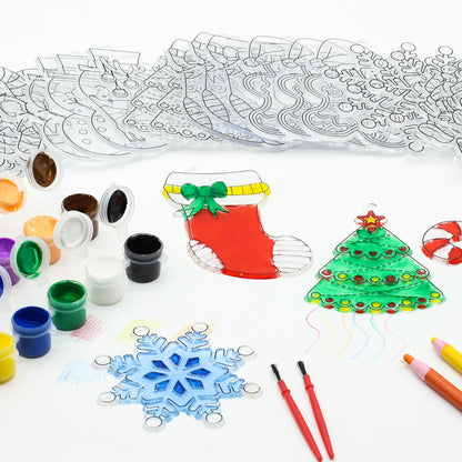Fprl 24 Sets Christmas Craft Kits DIY Window Paint Art Suncatchers Assorted Sun Catcher Kits for Ornaments Santa Snowflake Snowman Decorations Project