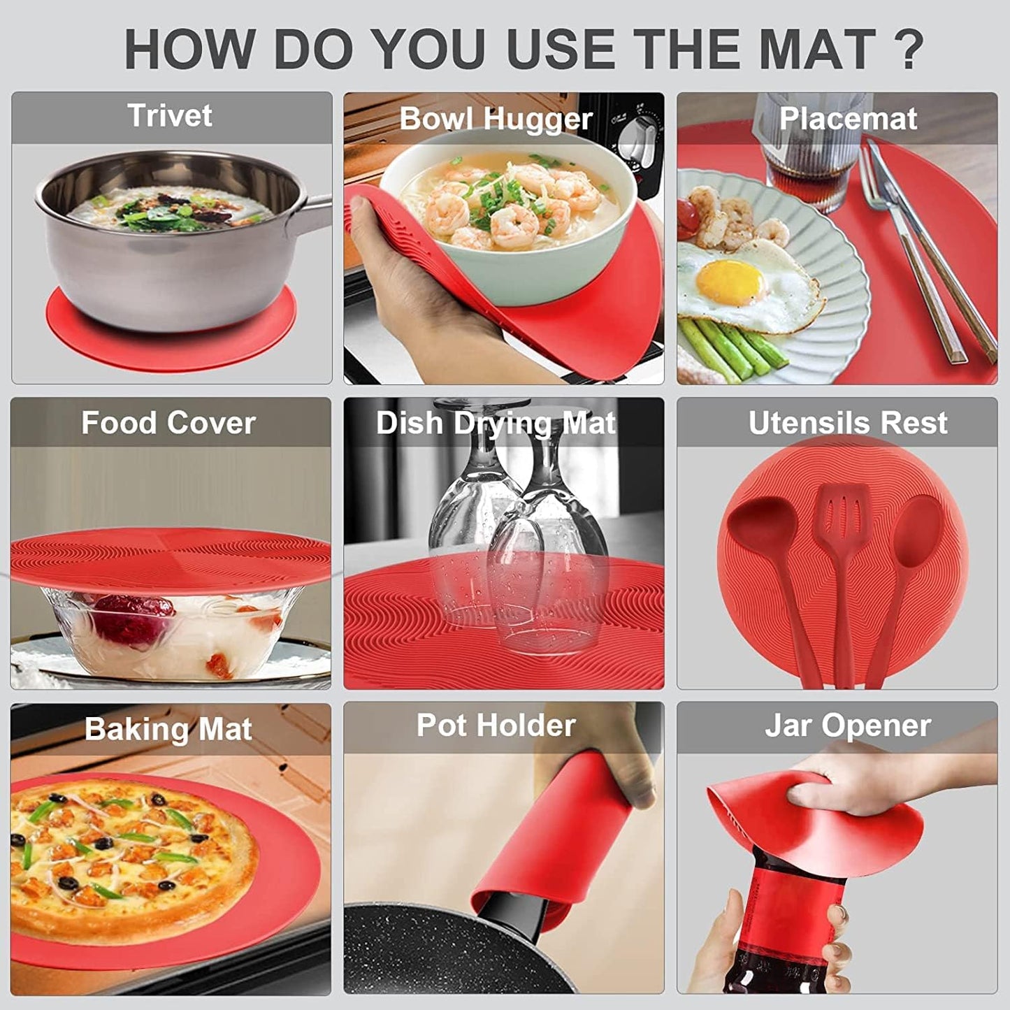 2 in 1 Aidacom Microwave Mat & Food Cover - 12" Mat as Bowl Holder, Silicone Trivet, Pot Holders, Drying, Baking, Red