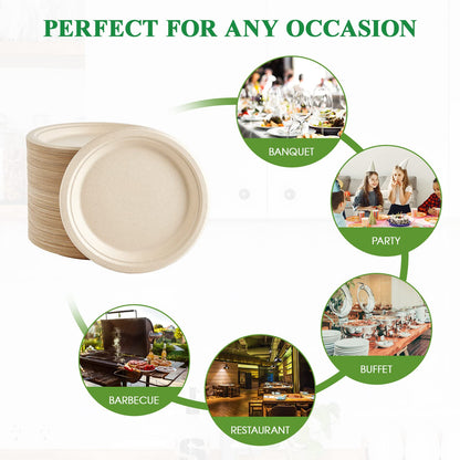 Vplus 150 Pack Paper Plates 9 inch 100% Compostable, Heavy-Duty Disposable Paper Plates Bagasse Natural Biodegradable Eco-Friendly Sugarcane
