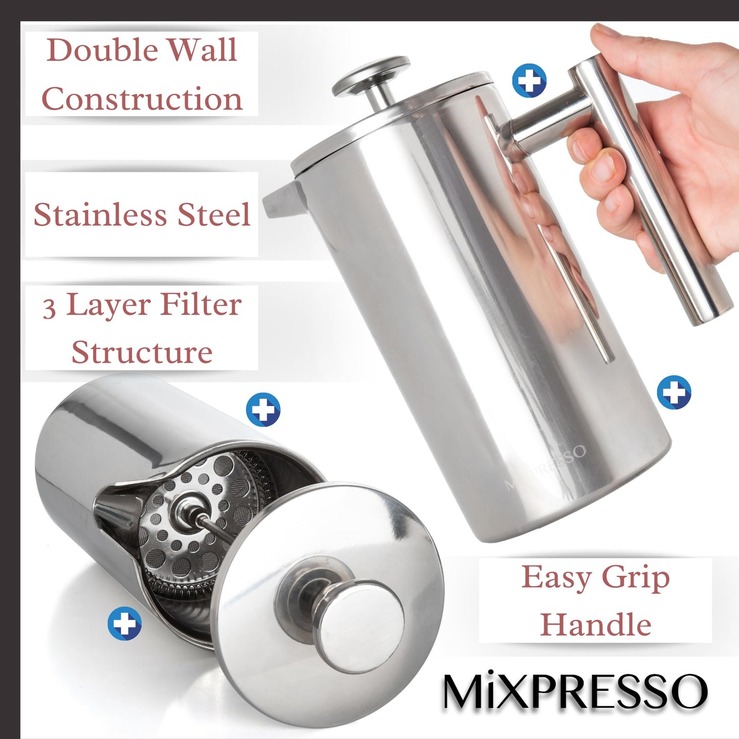 Mixpresso Stainless Steel French Press Coffee Maker 26 Oz 770 ml, Double Wall Insulated French Press Stainless Steel, Easy Clean Tea Brewer, Easy Press Durable Metal Coffee Press