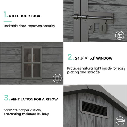 UDPATIO Resin Storage Shed 7.5x10.7 FT, Outdor Plastic Shed for Garden Tools Pool Equipment, Outside Sheds with Lockable Door for Backyard, Patio, Lawn, Dark Grey