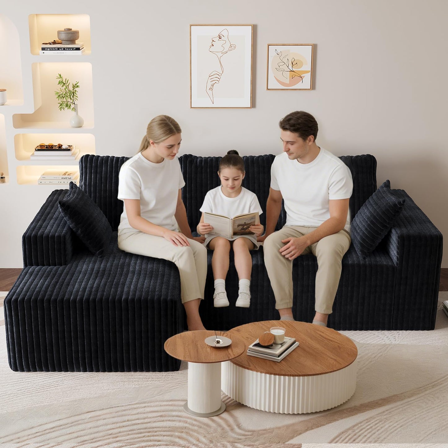 94" Sectional Couches for Living Room, Modular Sectional Sofa with L-Shape Chaise, Cloud Couch, Comfy Flannel Fluffy Couch with Pillows and Side Pockets NoAssembly (Black, Left Facing Chaise-96-inch)