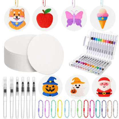 AmazingSpark 130 Pcs Magic 3D Foam Texture Painting Kit, 50 Foam Texture Paper, 24 Colors Paint Markers 6 Water Brush 50 Beaded Chain, Drawing Sponge Puffy Paint Sheet for DIY Craft Party Supplies