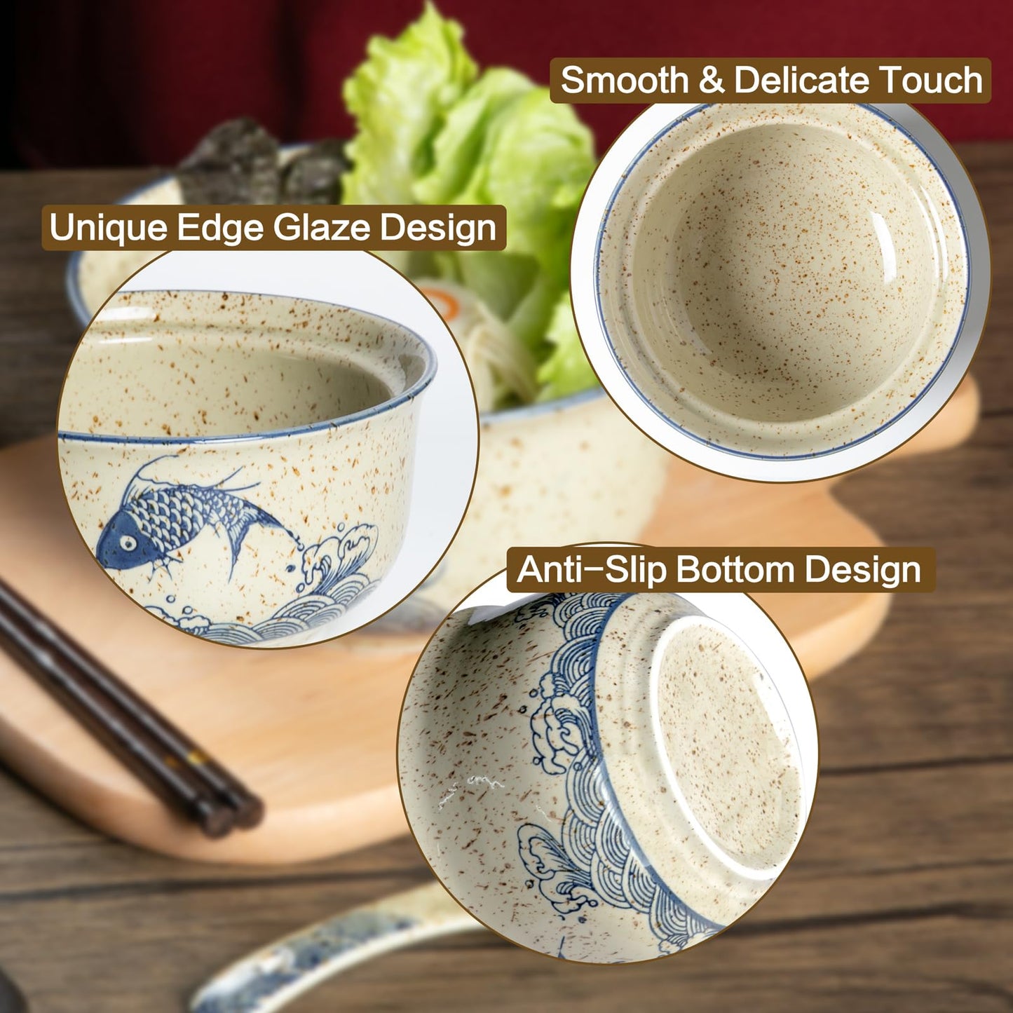 Niturceal Ceramic Ramen Bowl Set of 2, Ramen Noodle Bowl with Lid 27oz Japanese Retro Style Soup, Pho, Udon Bowls, Matching Spoons and Chopsticks for Microwave & Dishwasher Safe, Fish