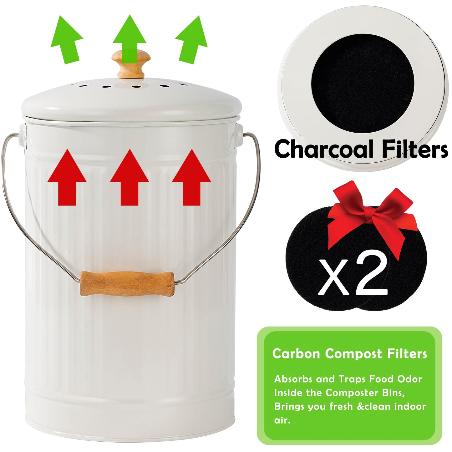 TreaHome 1.7 Gallon Kitchen Compost Bin, Indoor Countertop Compost Bin with Lid, 100% Rust Proof Compost Bucket with Non-Smell Charcoal Filters (White)