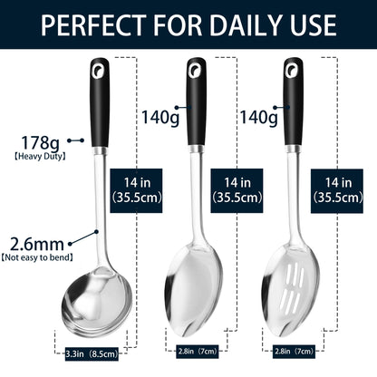 MUJINON 14-in Cooking Spoons Set, Heavy Duty 18/0 Stainless Steel Large Serving Spoons Set, Slotted Spoon, Cooking Spoon & Soup Ladle, Commercial and Residential Use, Pack of 3