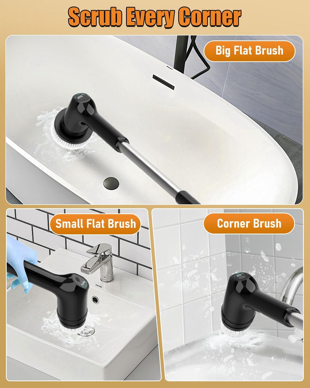 Electric Spin Scrubber - Upgraded Bathroom Cleaning Brush with 2 Speeds, 3 Replaceable Brush Heads & Adjustable Handle