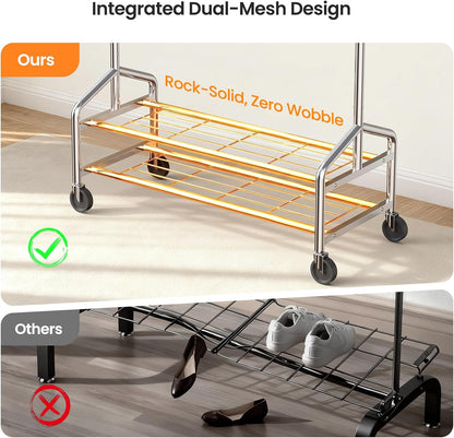 Skiennix Heavy Duty Clothes Rack - Rolling Metal Garment Rack with 650 LBS Capacity & 2 Shelves | Silver