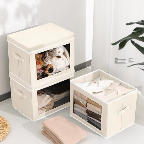 Homsorout Foldable Storage Boxes - Large Organiser Cubes with Lids & Clear Windows | Beige Fabric Containers