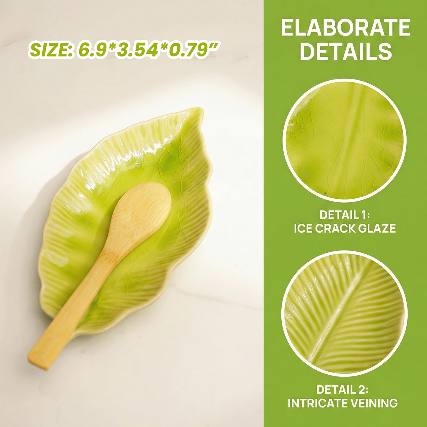 Ceramic Leaf Spoon Rest for Stove Top,Cute Green Leaf Cooking Spoon Holder for Kitchen Counter,Large decorative Spatula Rest Utensil Rest,1 Pack