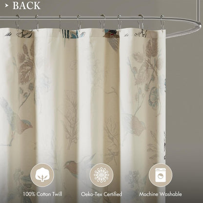 Madison Park Shower Curtain, Bird & Leaf Print, Farmhouse Shower Curtain for Bathroom, Modern Country Bathroom Décor, Machine Washable, Cotton Shower Curtain, Quincy, 72x72" Khaki