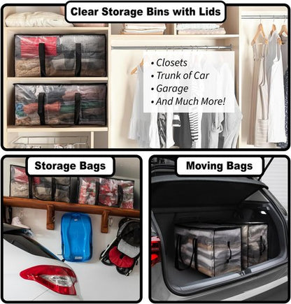ClearSpace Heavy Duty Moving Bags - Large Storage Bags with Backpack Straps & Zippers | 4 Pack