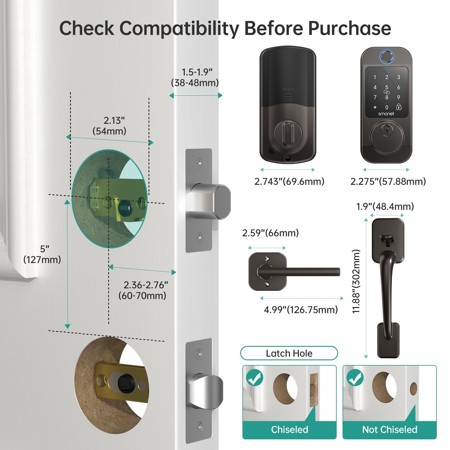Keyless Door Lock with Handle Set - SMONET WiFi Fingerprint Smart Locks for Front Door, App Remote Control, Digital Bluetooth Keypad Deadbolt Set with Alexa, Auto Lock, Code, Fobs for Home Black