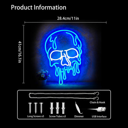 Ebdobgbs Skull Neon Sign for Wall Decor Skeleton Dimmable Led Neon Lights Halloween Light Up Signs for Game Room Gift Decoration USB Powered