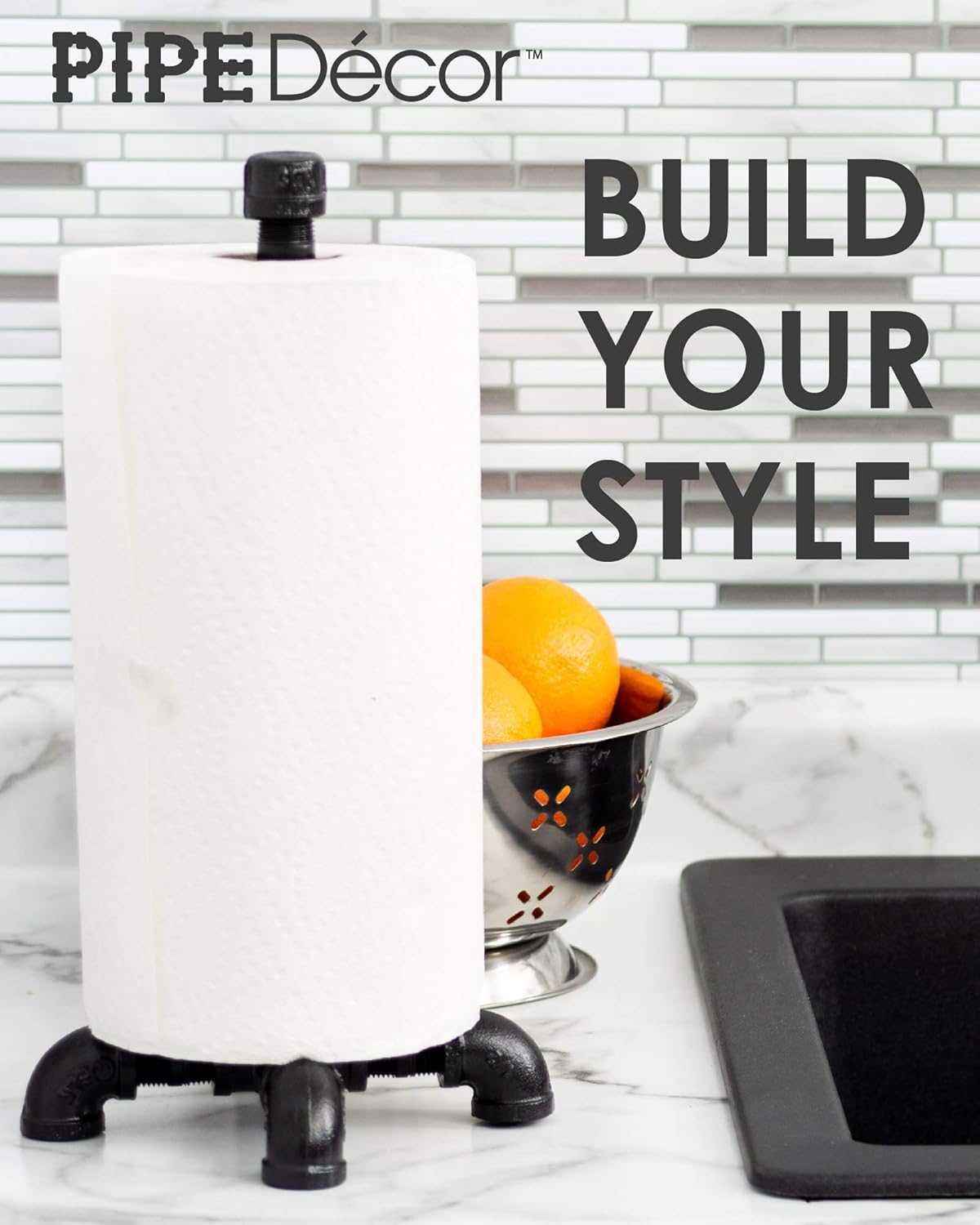 Set Pipe DCOR Black Electroplated Industrial Paper Towel Holder, Rustic Kitchen Farmhouse Decoration, Durable Metal