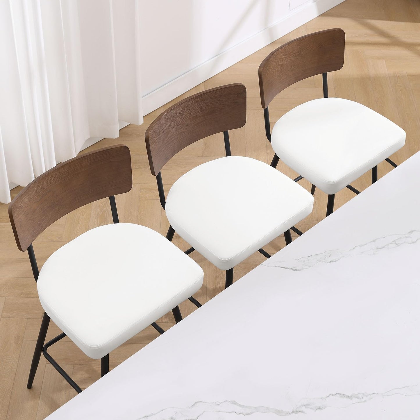 Bekrvio Counter Height Swivel Bar Stools Set of 4, Upholstered Faux Leather Barstools with Wood Backs and Metal Legs, 26" Seat Height Counter Bar Stool for Kitchen Island, White