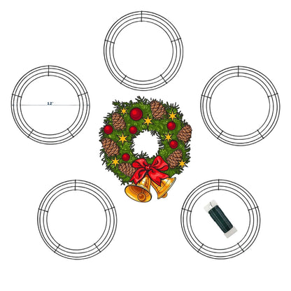 12 Inch Christmas Green Wire Wreath Frame,5 Pack Metal Front Door Wreath Round Form Iron Ring for Christmas, New Year Decors, Crafts, DIY, Holidays, Events