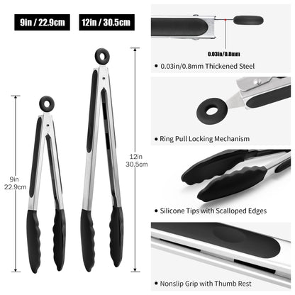 Doosu Kitchen Tongs for Cooking - 600°F Heat Resistant Food Tong Set with Non-Scratch Silicone Tips, Heavy Duty Stainless Steel Locking Tong for BBQ, Grilling Steak, Serving Salad (9+12in, Black)