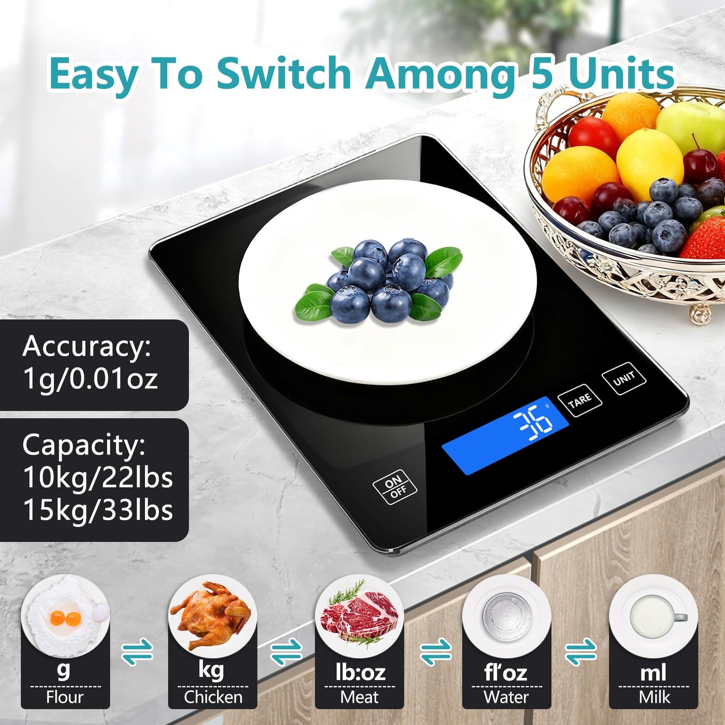 Food Kitchen Scale, Digital Food Scale 33lb/15kg Digital Kitchen Scale Precisely Measures Grams and Ounces for Meal Prep Baking and Cooking, Rechargeable 304 Stainless Steel Kitchen Scale Black