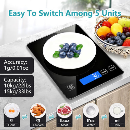 Food Kitchen Scale, Digital Food Scale 33lb/15kg Digital Kitchen Scale Precisely Measures Grams and Ounces for Meal Prep Baking and Cooking, Rechargeable 304 Stainless Steel Kitchen Scale Black