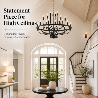 Shandaglo Large Black Chandelier 24-Light, Round 3-Tier Wagon Wheel Fixture, 39 in Farmhouse Candle Pendant with E12 Base for Dining Room, Foyer, Living Room, Hallway, High Ceiling