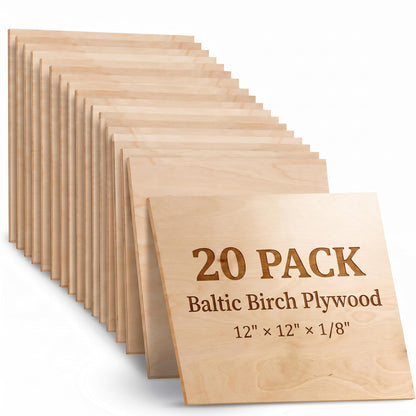 Artlicious 20 Pack Baltic Birch Plywood 12 x 12 Inch 1/8 Inch - 3mm Thin Birch Plywood Sheets for Laser Cutting and Engraving - Thin Wood Sheets for Glowforge, Cricut, Scroll Saw & Crafts