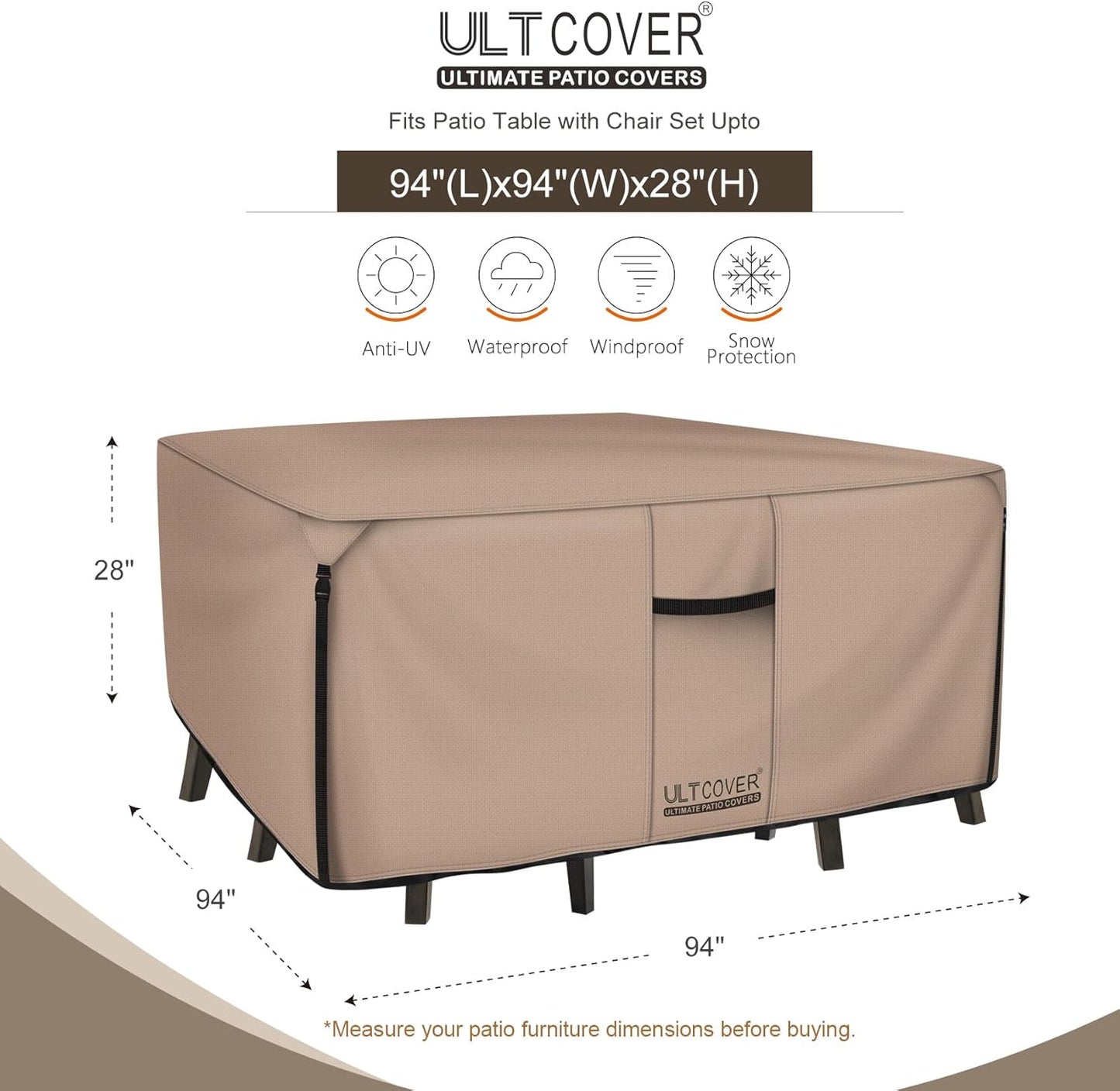 ULTCOVER Square Patio Table Cover - Heavy Duty 600D Waterproof Canvas for Outdoor Furniture | 94 Inch
